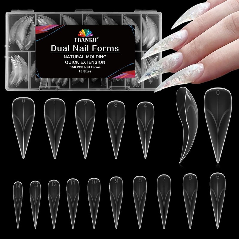 EBANKU Dual Nail Forms for Poly Extension Gel, 150 PCS Clear Eagle Claw Nail Molds Reusable 15 Sizes Hawk Curve Nail Extension Forms for Builder Gel Manicure Design Salon DIY - Image 1